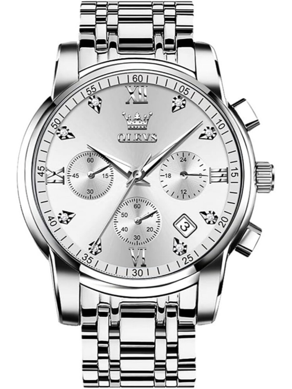 Men's White Face/Silver Strap Stainless Steel Chronograph Waterproof  Watch